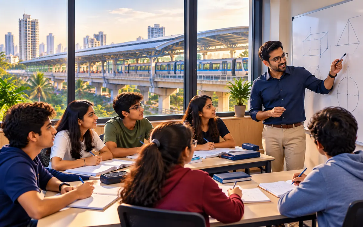 Teacher and students in an IGCSE coaching classroom in Borivali, Mumbai, with a suburban train station outside the window