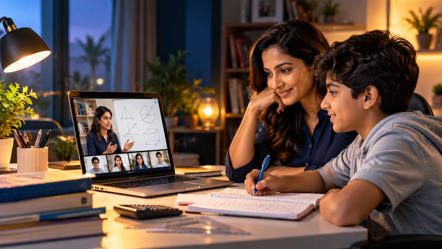 Parent and student watching a live IGCSE maths class with the teacher and classmates on a laptop at home