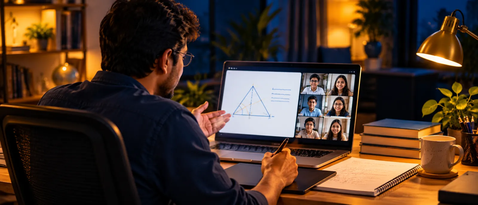 Teacher solving a worked example in a live IGCSE online class