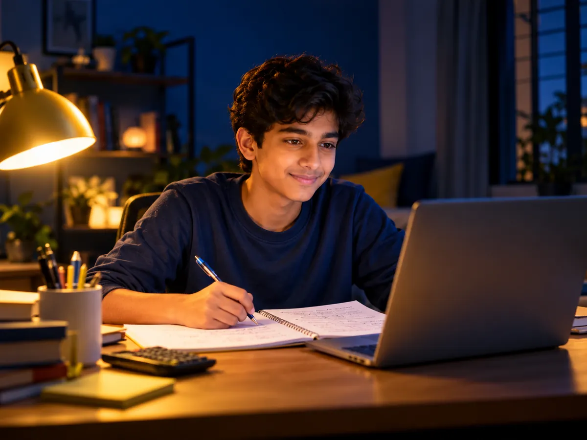 Student attending IGCSE online coaching on a laptop at home