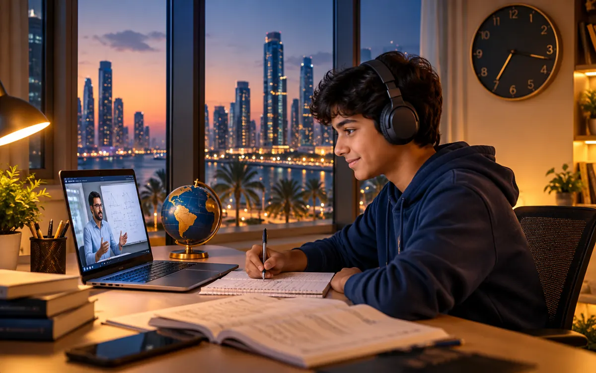 Student in a high-rise apartment with a globe and wall clock taking a live online IGCSE class at an evening time that suits the Gulf and Singapore