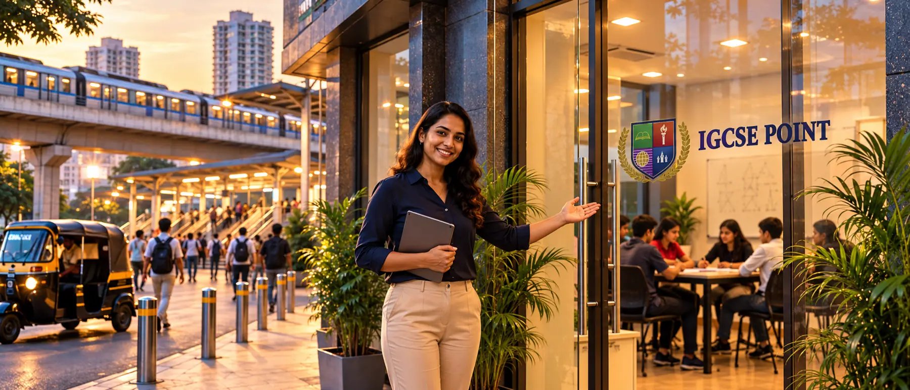 IGCSE Point teacher welcoming students at the classroom entrance near Borivali station, Mumbai